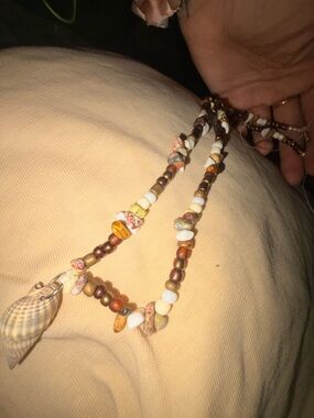 Handmade Beach Shell Bead Necklace in Brown and Cream